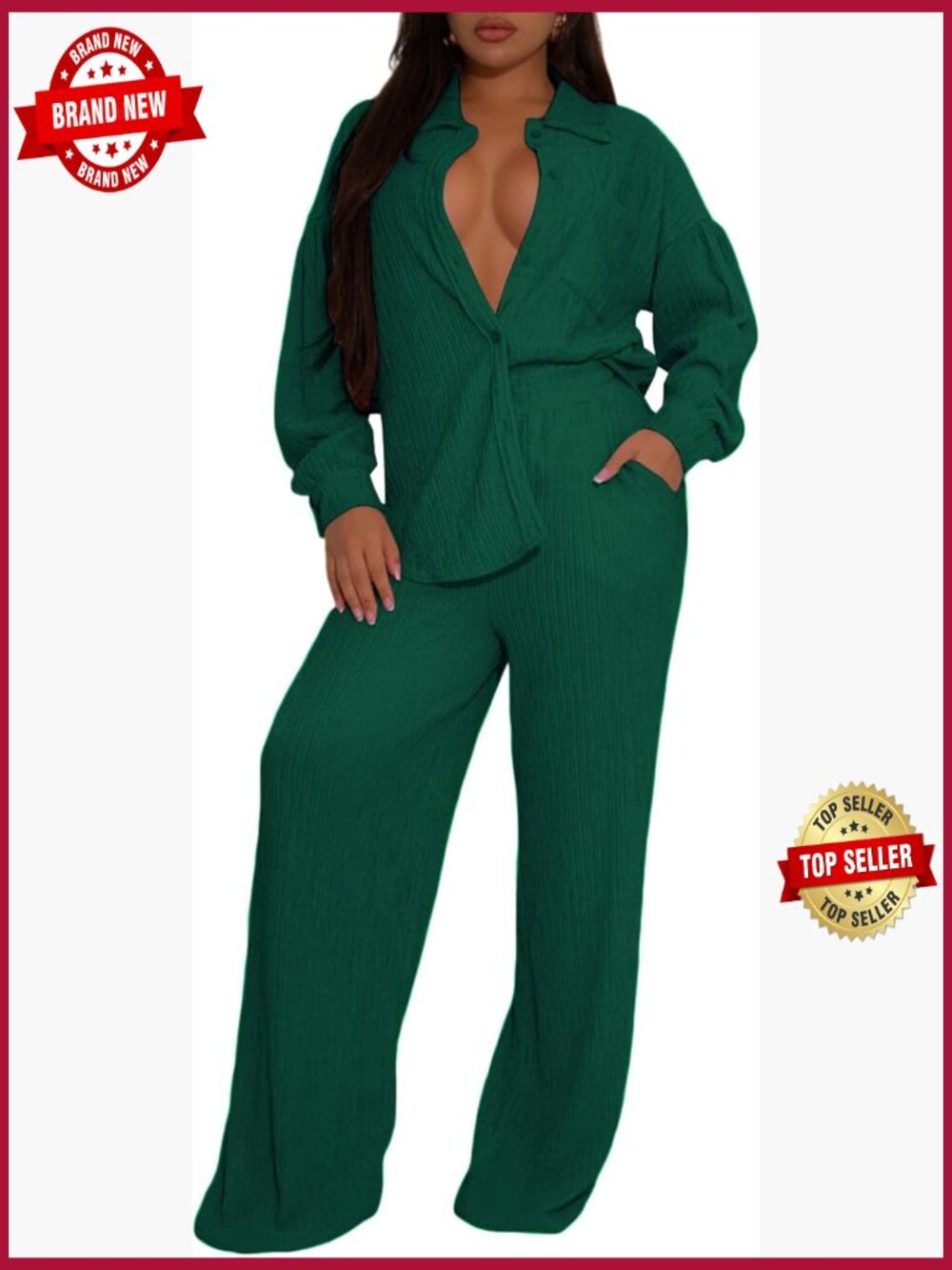 2 Piece Set Pleated Button Down Shirt & Wide Leg Pants Loungewear Matching Set